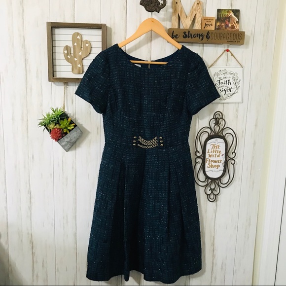 Kay Unger New York Cap Sleeve Blue Tweed Dress 4 - Picture 2 of 9